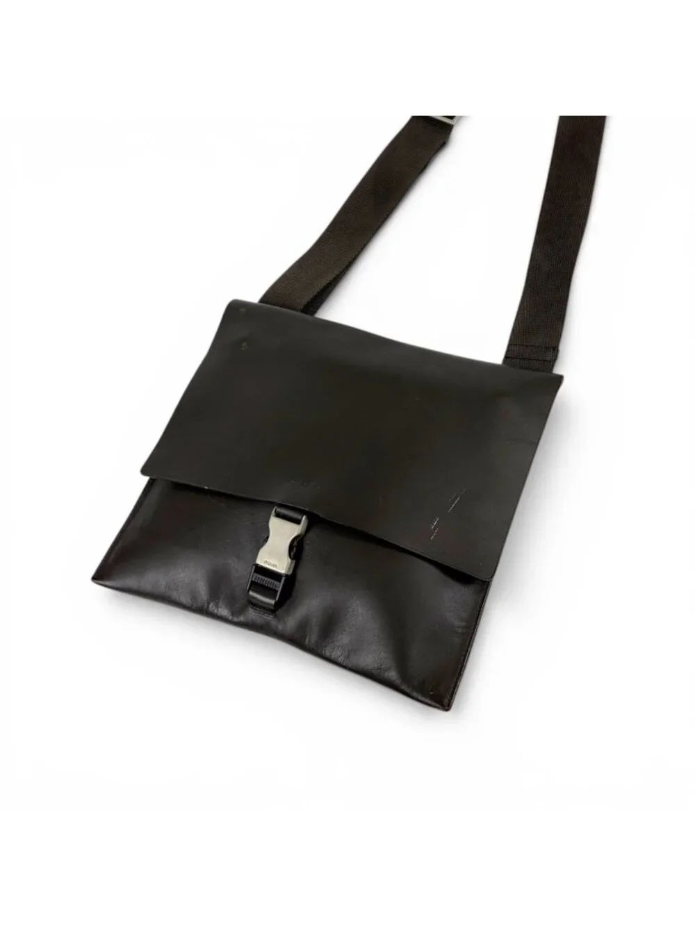 Prada Cobra Buckle Leather Shoulder Bag Cross Dark Brown Vintage